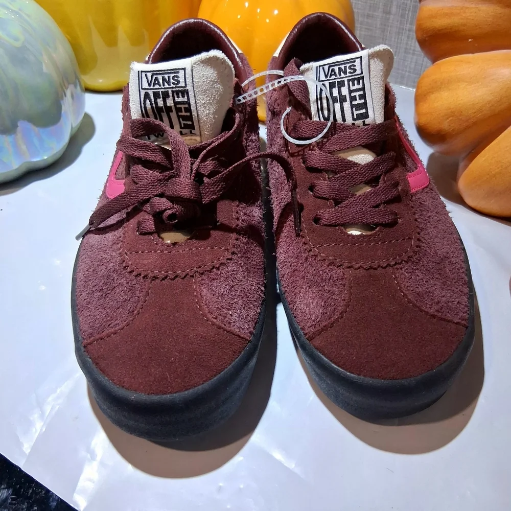Vans Maroon Suede Sneakers with Pink Side Stripe